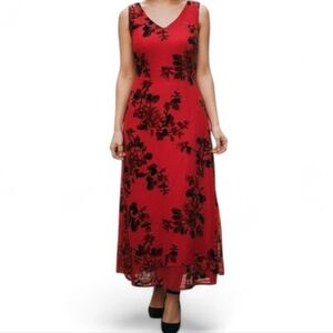 VTG 90s Velvet Burnout Floral Midi Dress Red Black Whimsigoth L